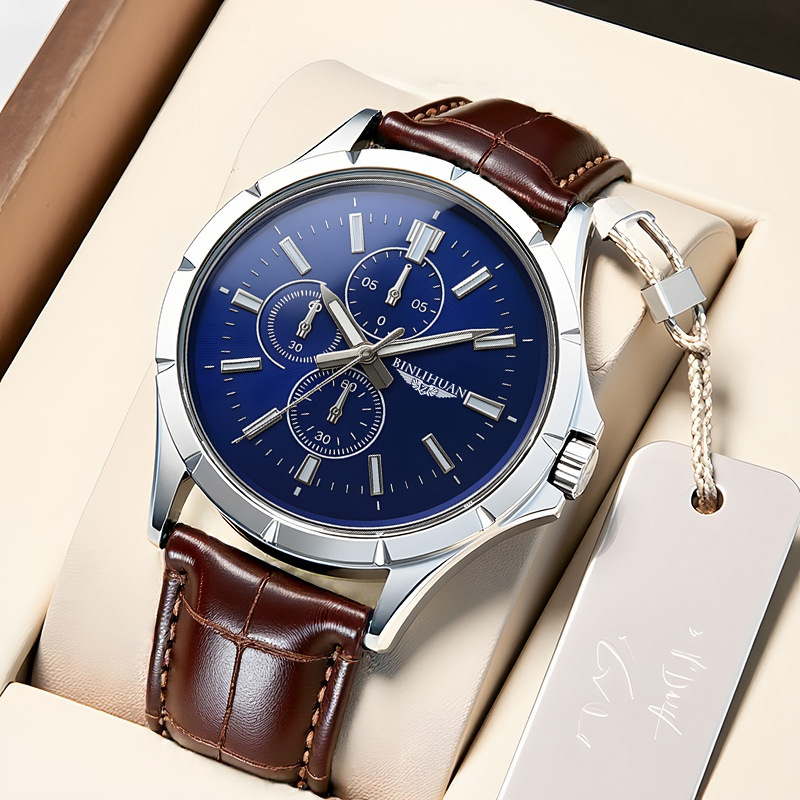 남성용 크로노그래프 쿼츠 시계, 블루 다이얼 브라운 가 - Leather Watch Band Men 리뷰 및 가격