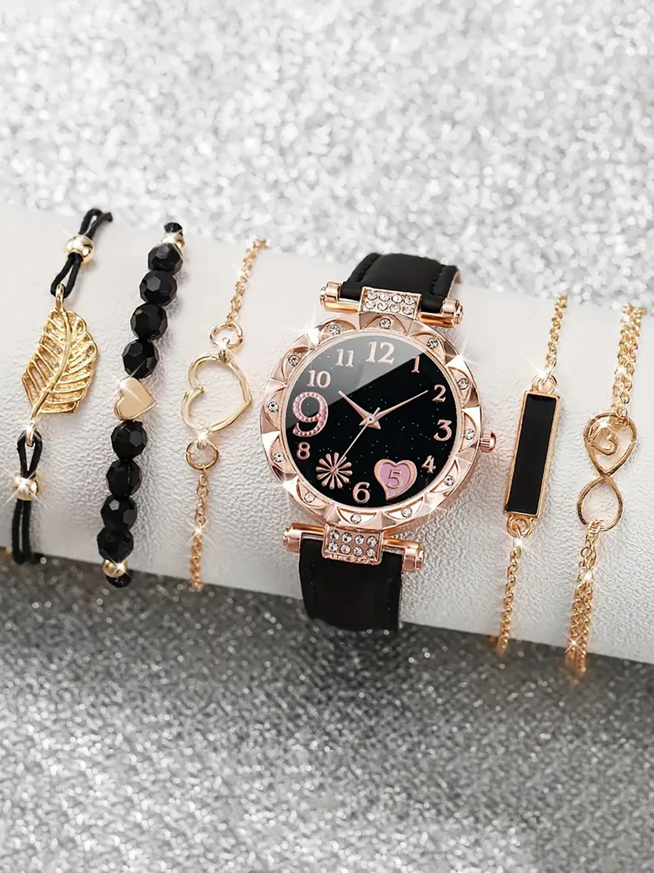 5Pcs 여성용 핑크 스웨이드 스트랩 시계 세트, 하트 - Suede Strap Watch 리뷰 및 가격