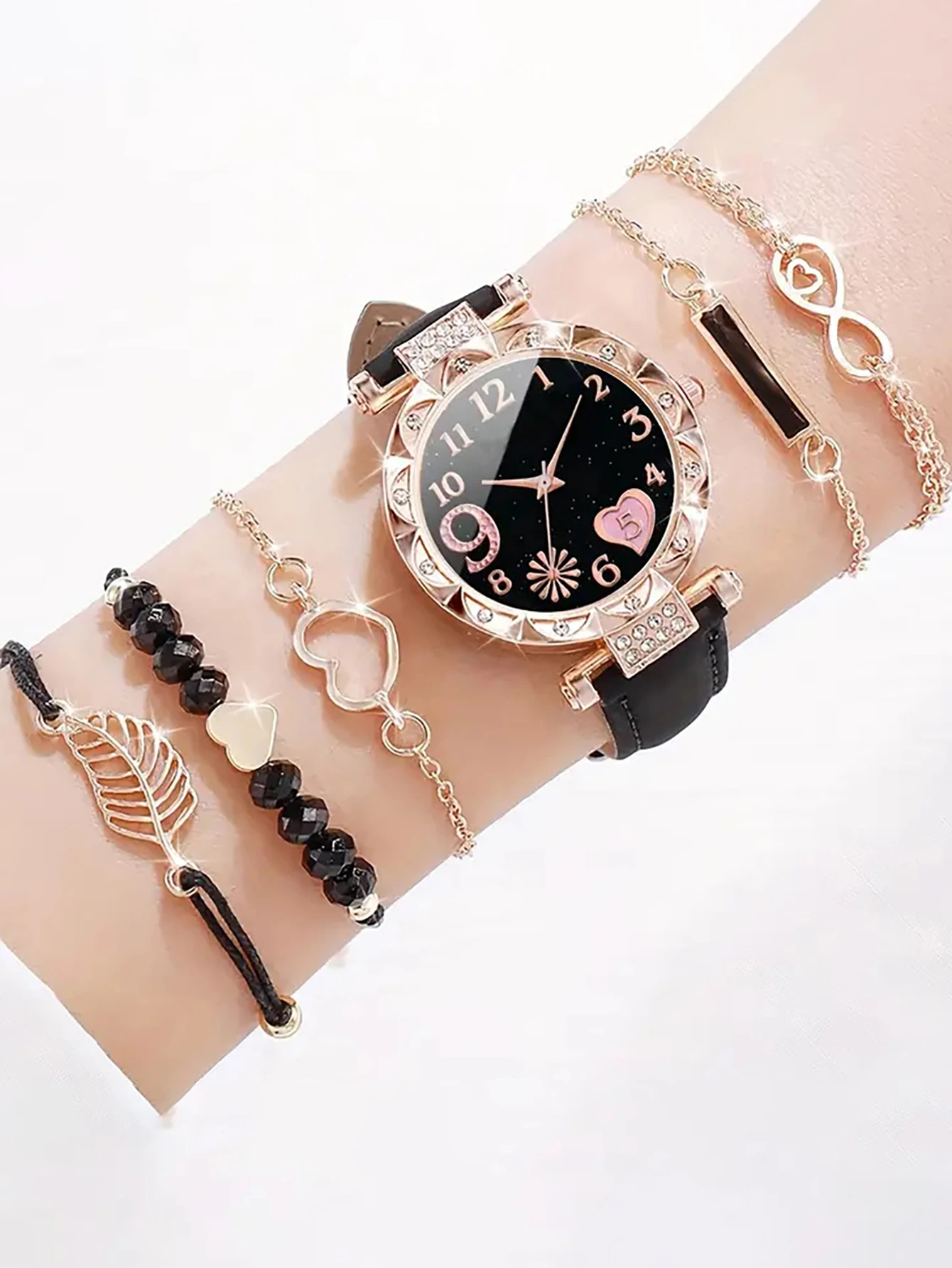 5Pcs 여성용 핑크 스웨이드 스트랩 시계 세트, 하트 - Suede Strap Watch 리뷰 및 가격